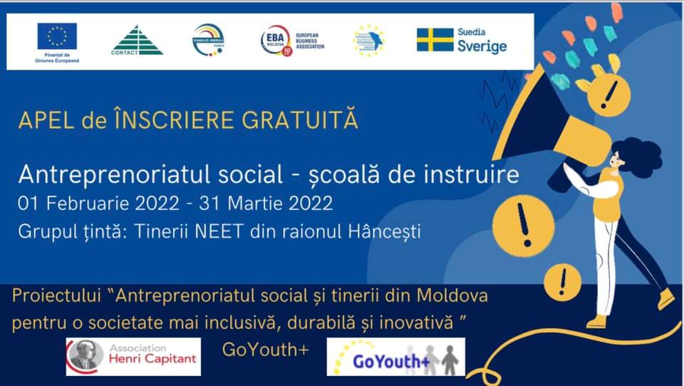 Asociația Henri Capitant de Cultură Juridică din Moldova (AHCCJ) a dat start înscrierilor la Școala de instruire cu privire la antreprenoriatul social pentru Tinerii NEET